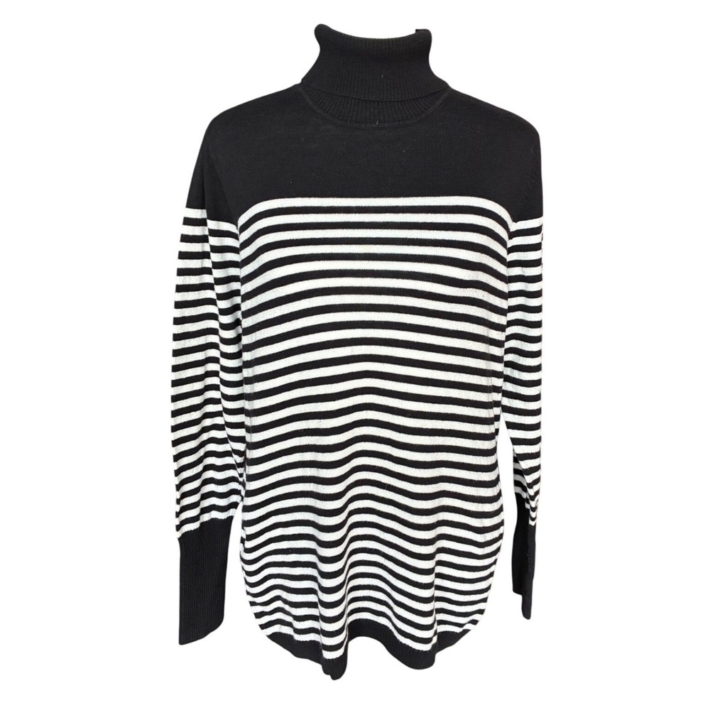 Worthington Womens Black White Striped Turtleneck Sweater Large Cotton Blend